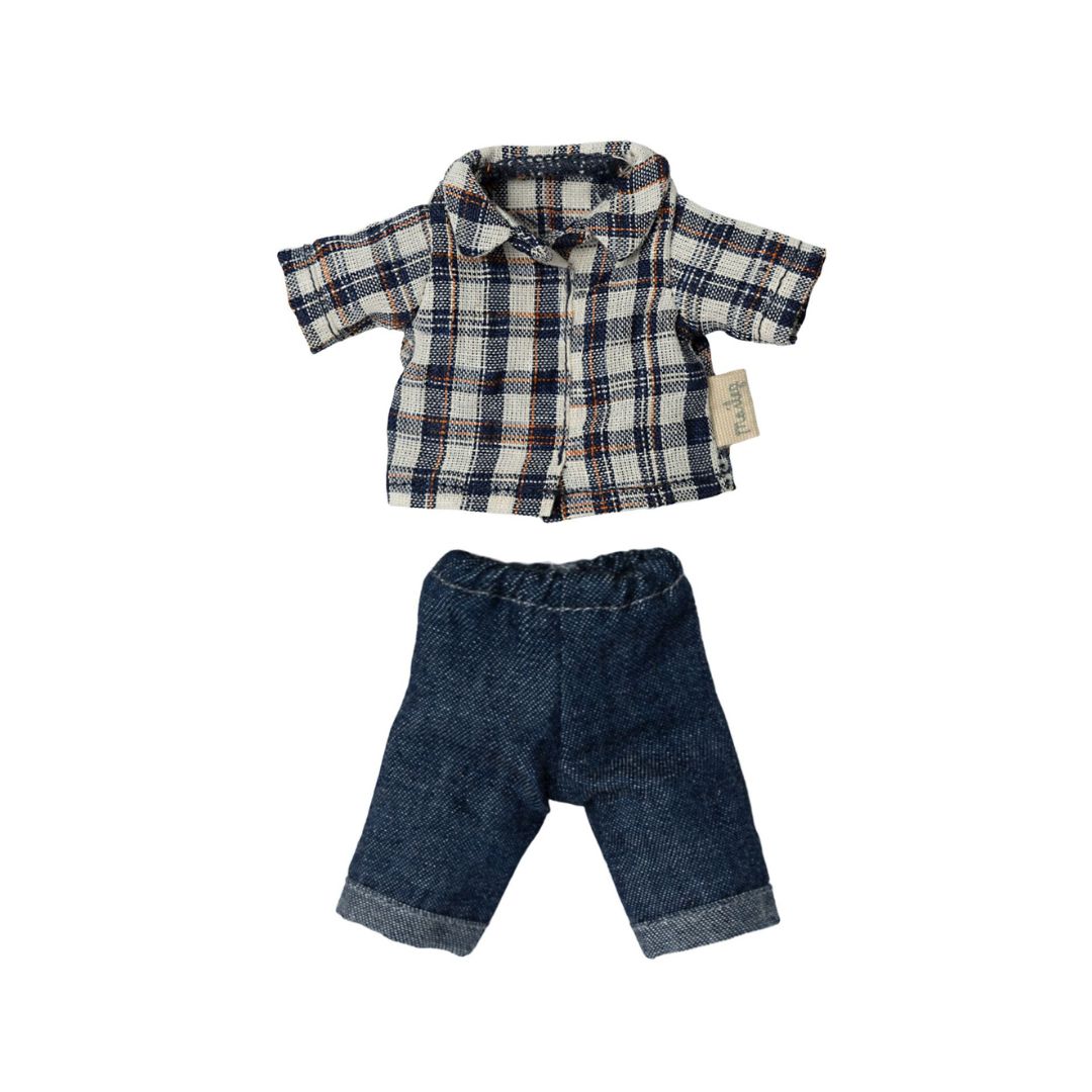 Maileg SS23 dad mouse checked shirt and denim trousers