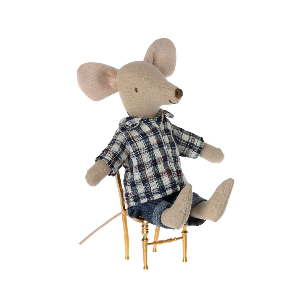 Maileg SS23 dad mouse with checked shirt and denim trousers on a chair
