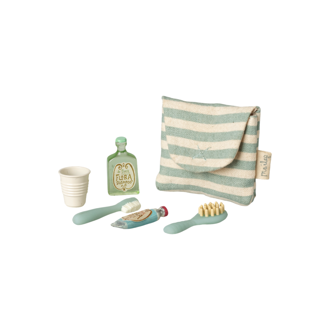 Maileg Toothbrush set in bag, Mouse - Blue stripe