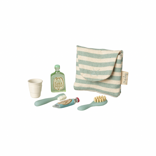 Maileg Toothbrush set in bag, Mouse - Blue stripe