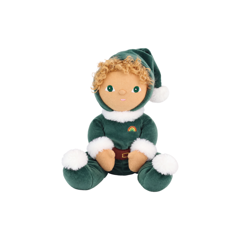 Olli Ella Dinky Dinkum Ezra Elf sitting in green elf suit with pointed hat