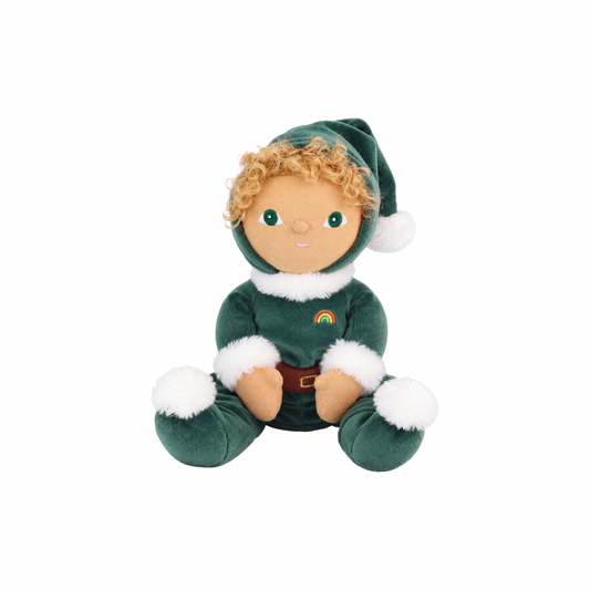 Olli Ella Dinky Dinkum Ezra Elf sitting in green elf suit with pointed hat