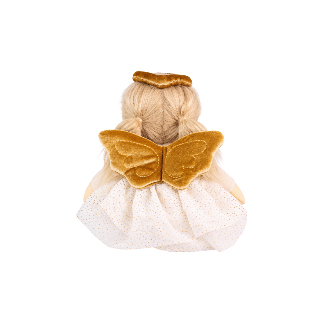 Olli Ella Aria Angel Dinky Dinkum mini doll posed sitting up for festive Christmas pretend play showing wings