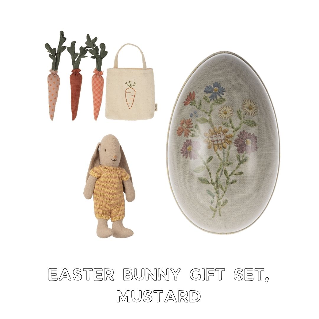 Maileg easter bunny gift set with micro bunny in mustard, Maileg egg and Maileg carrots