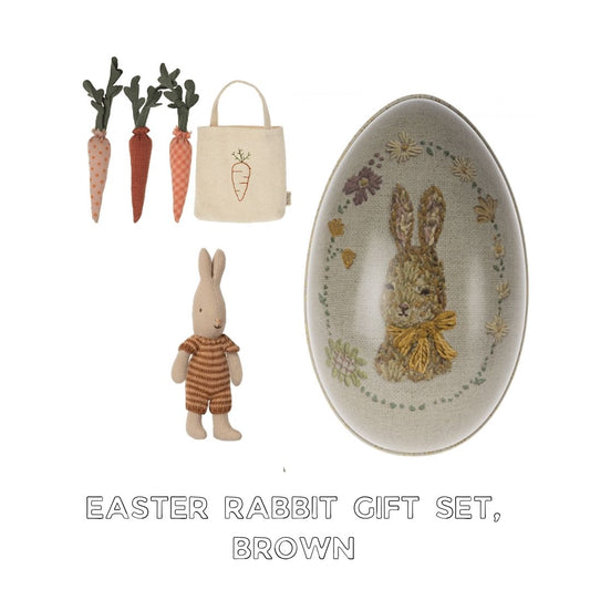 Maileg easter bunny gift set with micro bunny in brown, Maileg egg and Maileg carrots