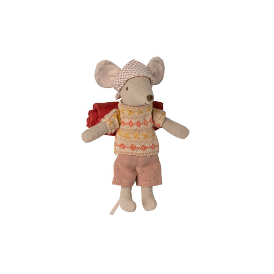 Maileg big sister hiker mouse with cute jumper, shorts and head scarf and backpack