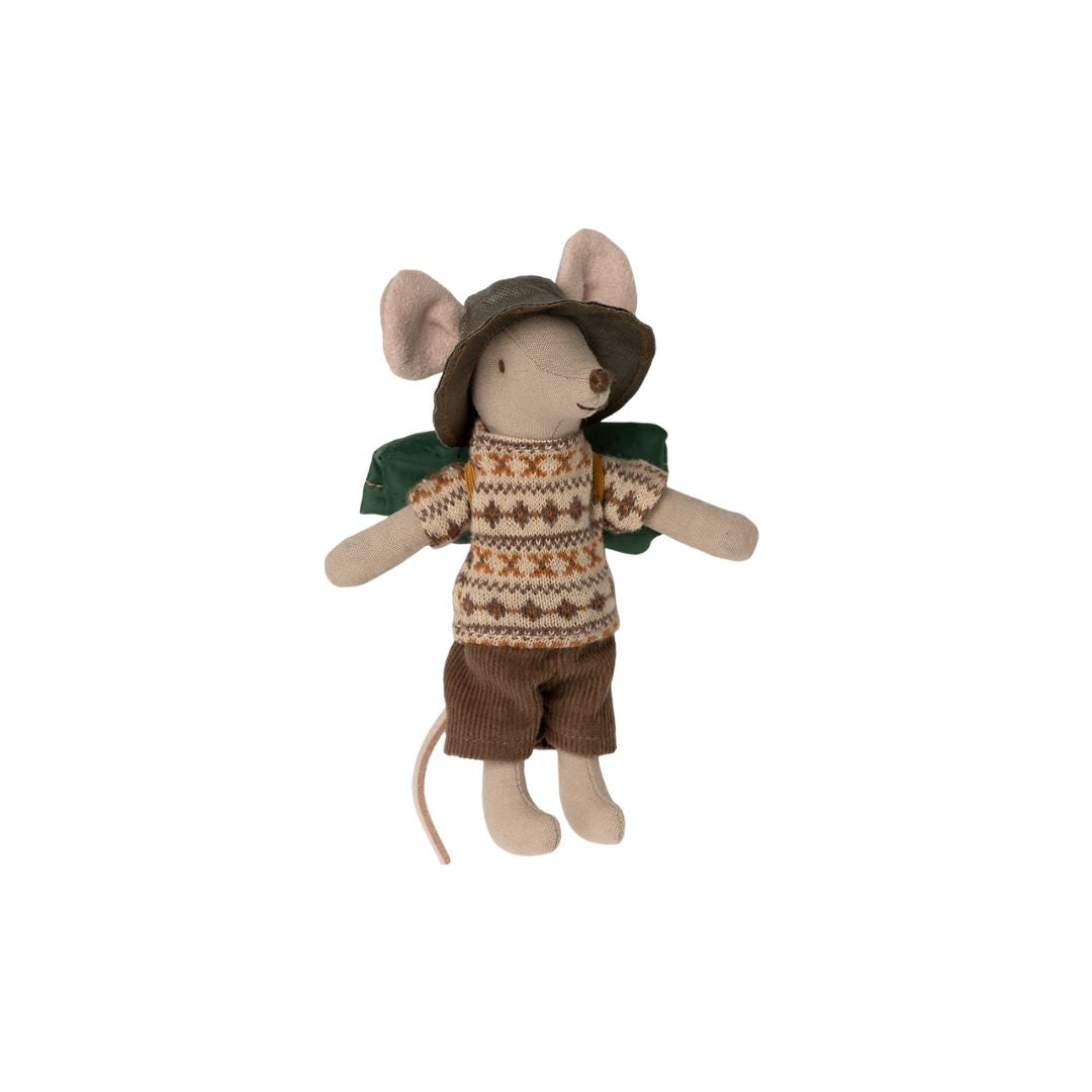 Maileg big brother mouse with green hat, jumper brown shorts and backpack