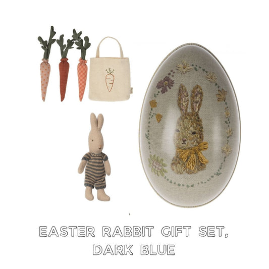 Maileg easter bunny gift set with micro bunny in dark blue, Maileg egg and Maileg carrots