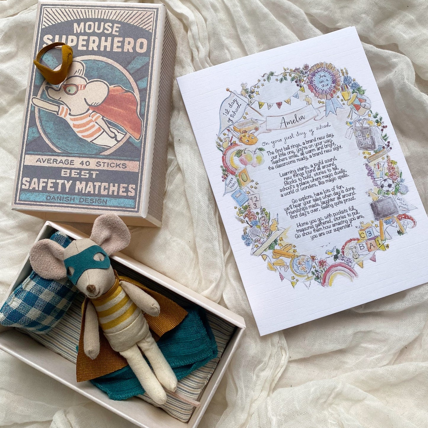 Maileg Superhero First Day of School Gift Set: Mouse, Card & Bag