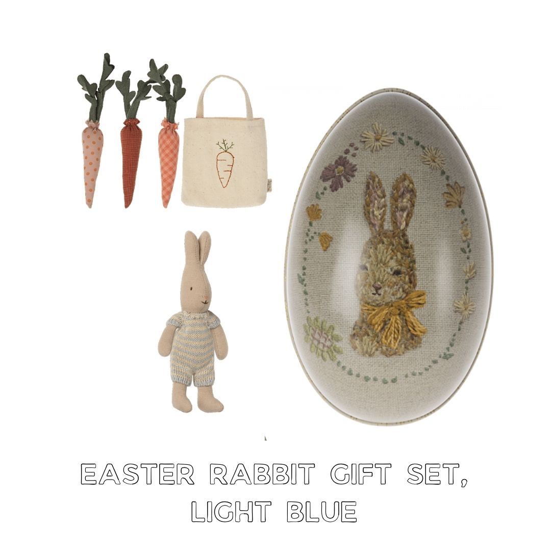 Maileg easter bunny gift set with micro bunny in light blue, Maileg egg and Maileg carrots