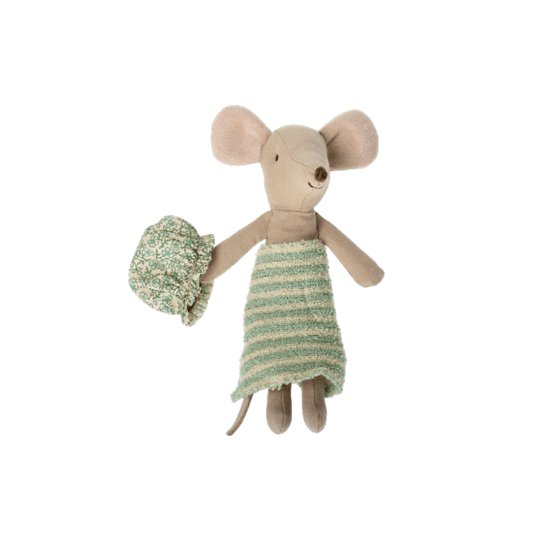 Maileg big sister mouse in a stripy towel and floral shower cap