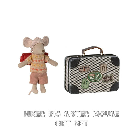 Maileg biker big sister mouse gift set, Maileg hiker sister mouse and off white suitcsse