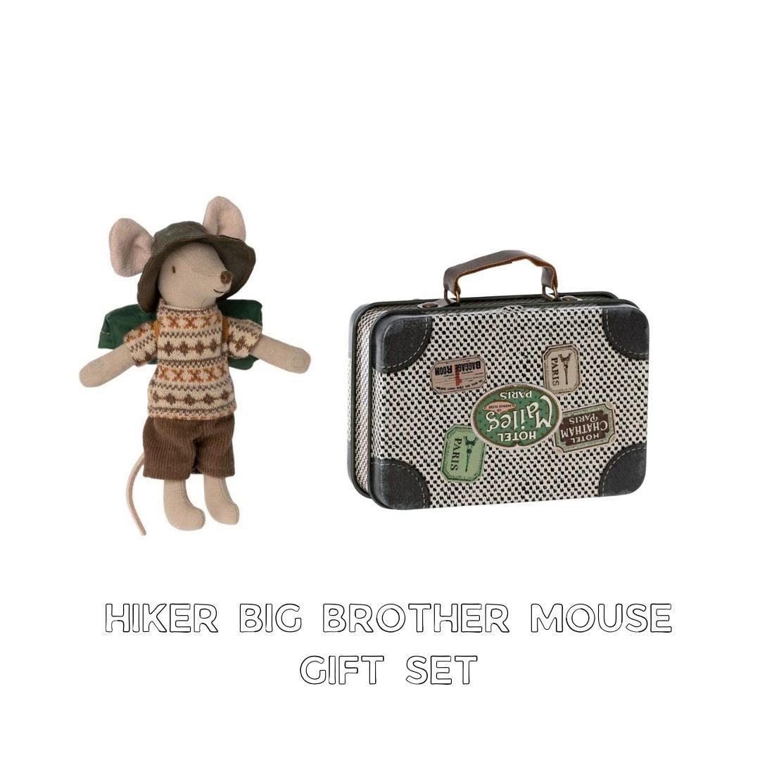 Maileg biker big brother mouse gift set, Maileg hiker brother mouse and off white suitcsse