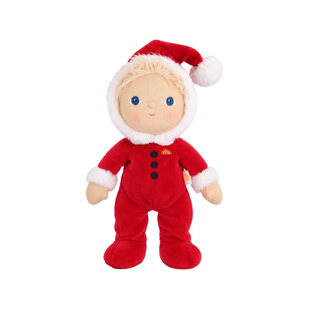Close up of Olli Ella Dinky Dinkum Sammy Santa showing embroidered facial features and plush red Santa hat