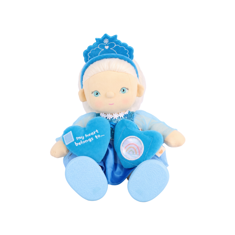 Seated view of Olli Ella Elsie Ice Dream Dinkum Doll displaying long platinum blonde hair for styling play