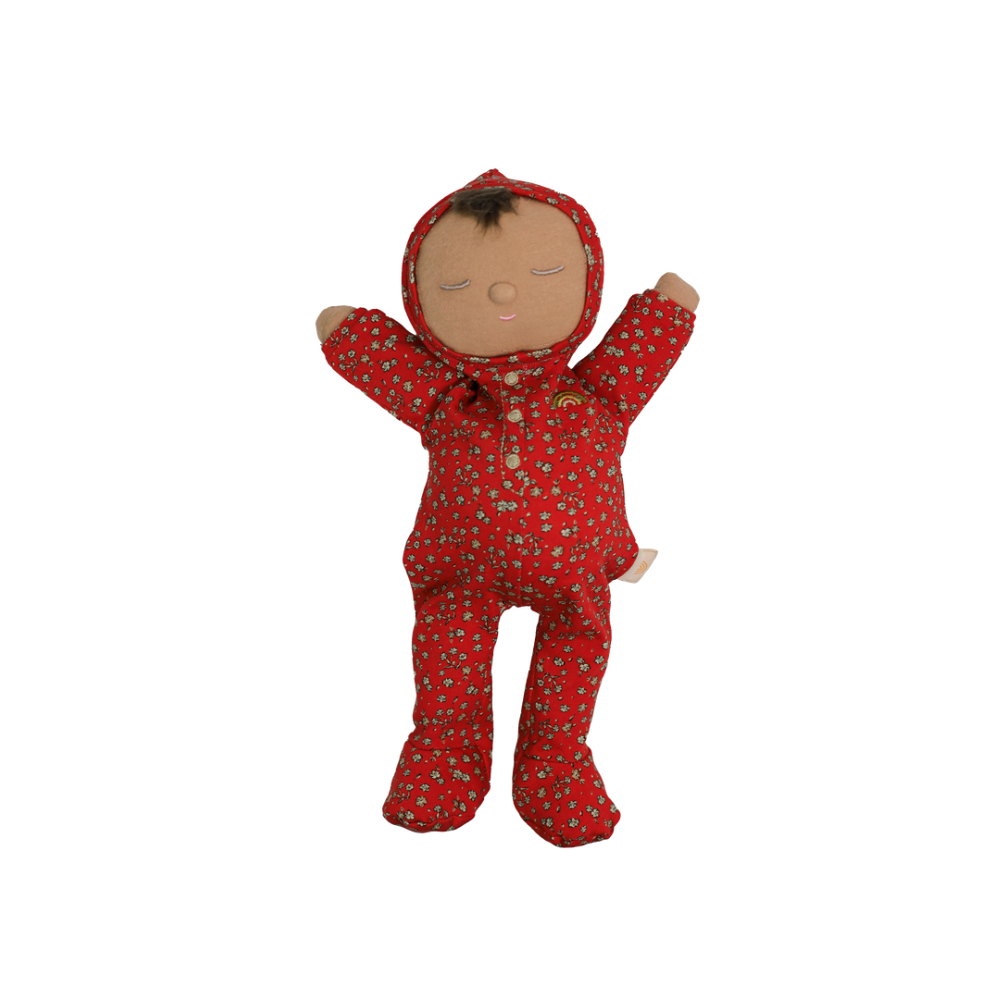 Olli Ella Dozy Dinkum Pie Hollyrose soft baby doll in burgundy red floral onesie