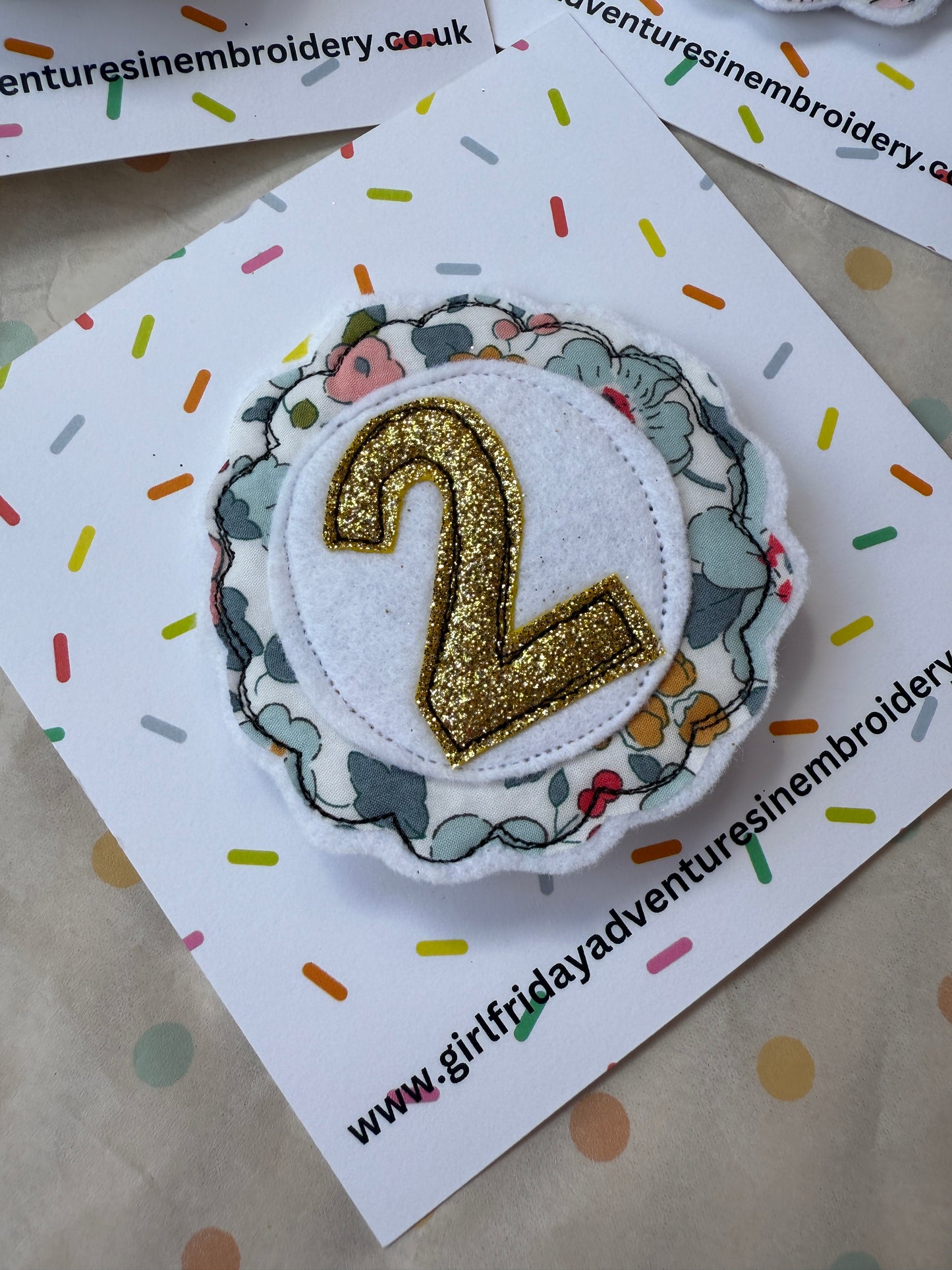 Girl Friday Embroidery Glitter Liberty Print number birthday badge - Age 2