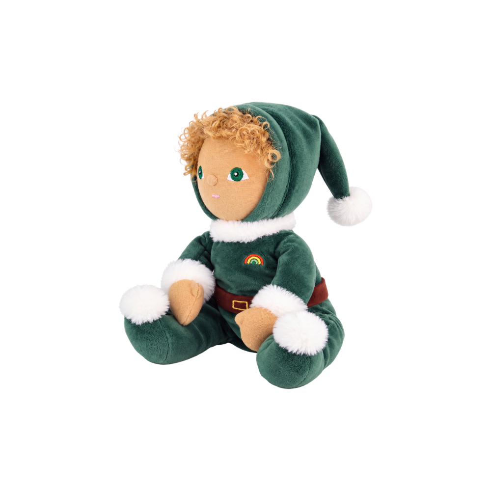 Close up of Olli Ella Dinky Dinkum Ezra Elf showing embroidered facial features and elf hood