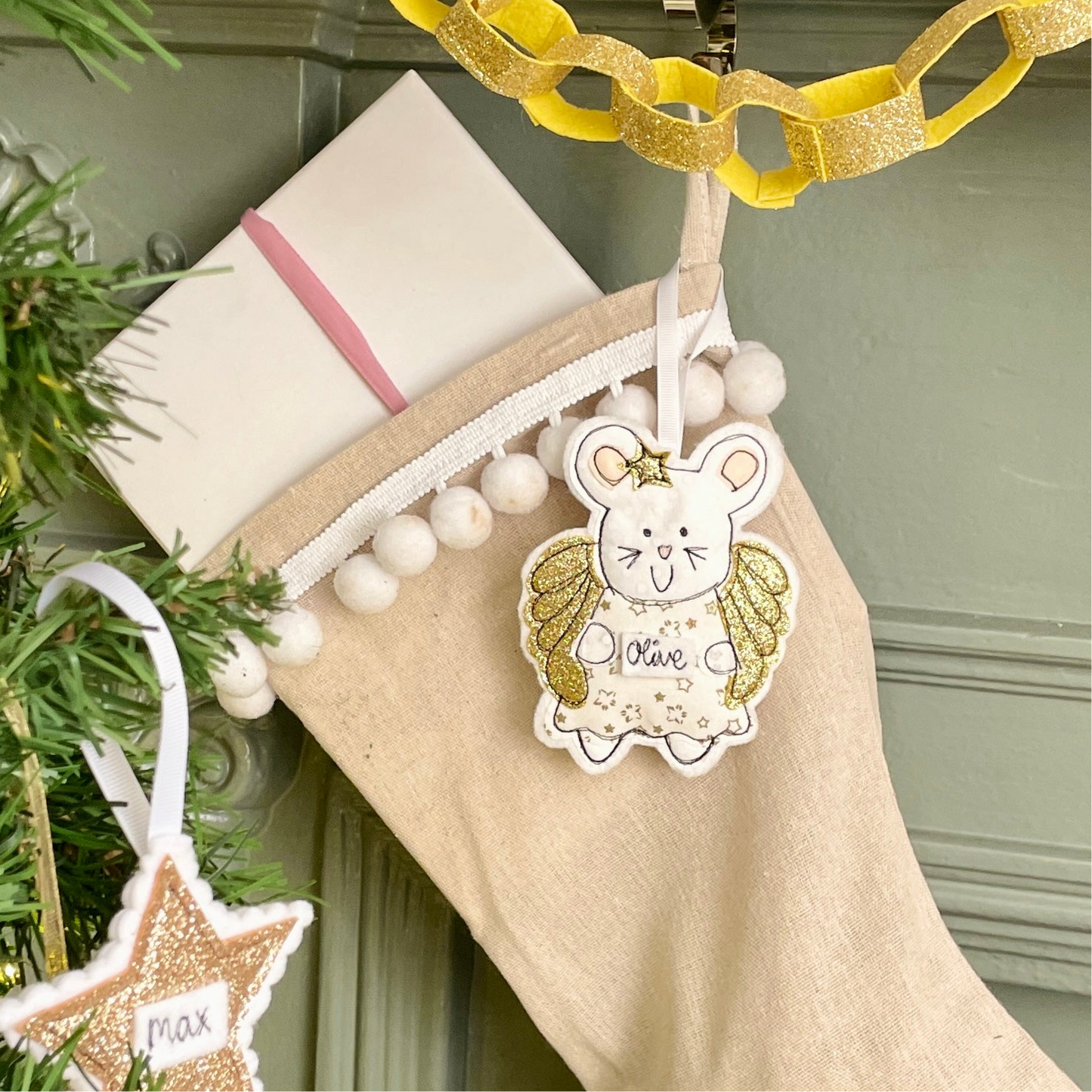 Girl Friday Embroidery Angel Mouse - Willa Wishlight, Personalised Christmas Decoration