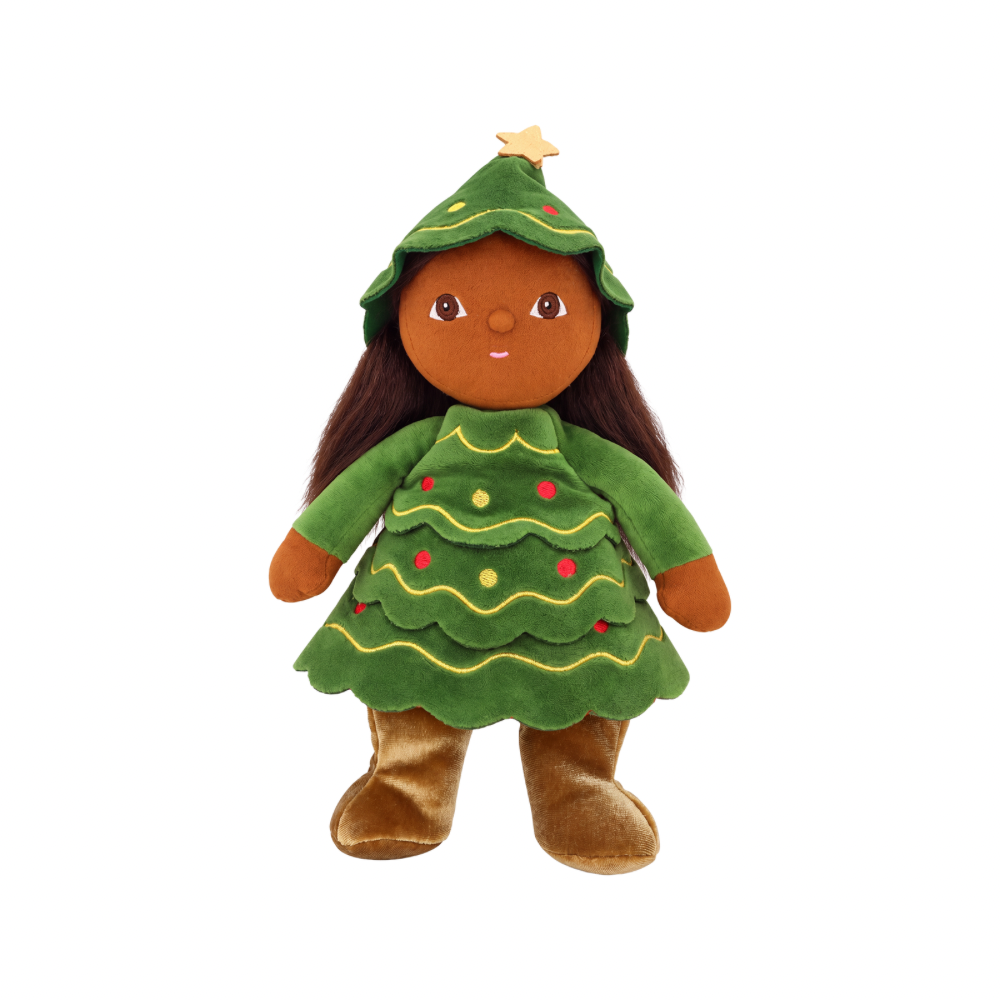 Close up of Olli Ella Dinky Dinkum Eden Evergreen showing embroidered facial features and star hood