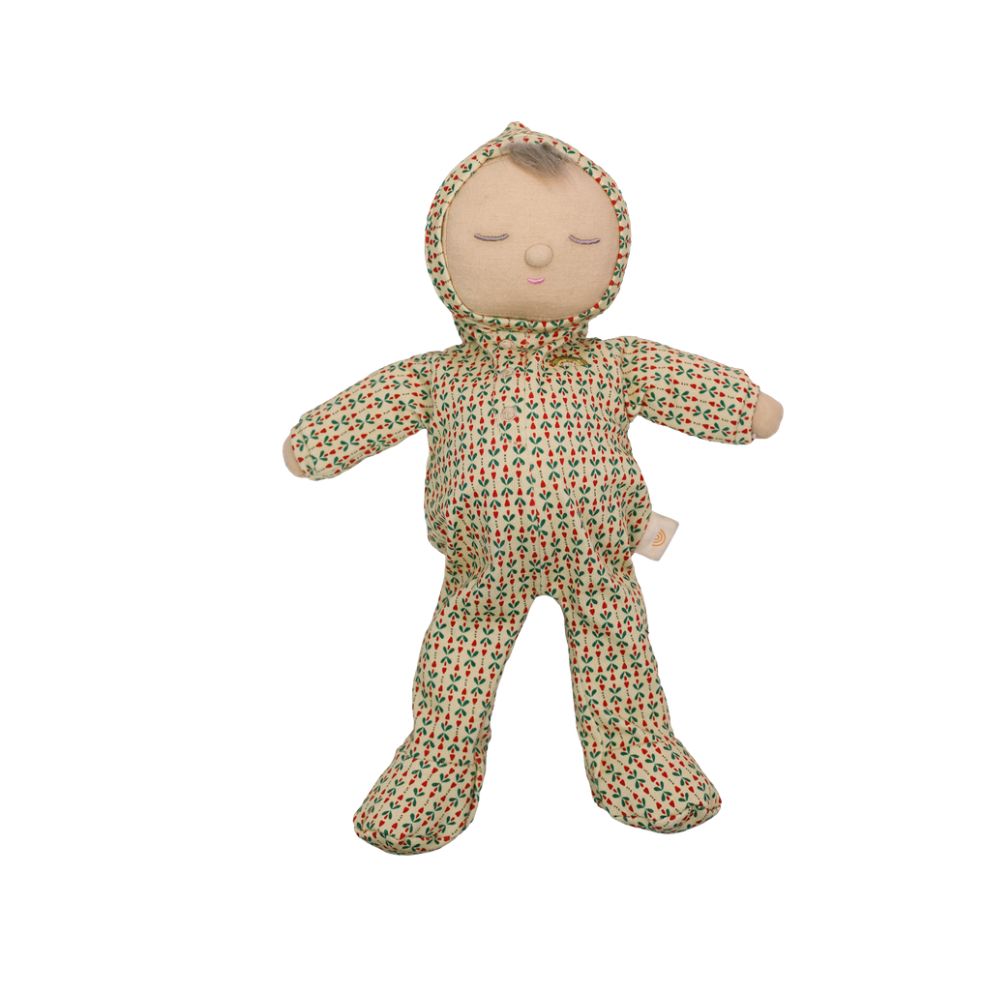 Close up of Olli Ella Dozy Dinkum Twinkle Berryheart showing embroidered sleepy eyes and heart pattern
