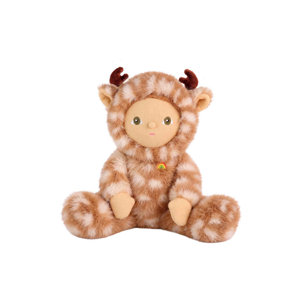 Olli Ella Dinky Dinkum Riley Reindeer sitting in brown plush reindeer suit with soft antlers
