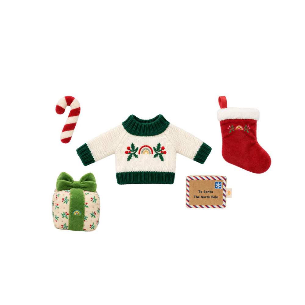 Olli Ella Dinkum Doll Merry Christmas Set with knitted jumper stocking candy cane present and letter to Santa