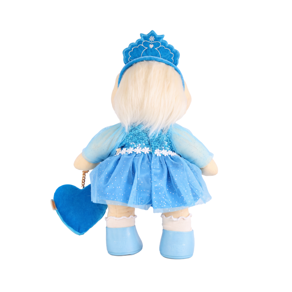 Side angle of Olli Ella Dream Dinkum Doll Elsie Ice showing long brushable hair and removable blue outfit