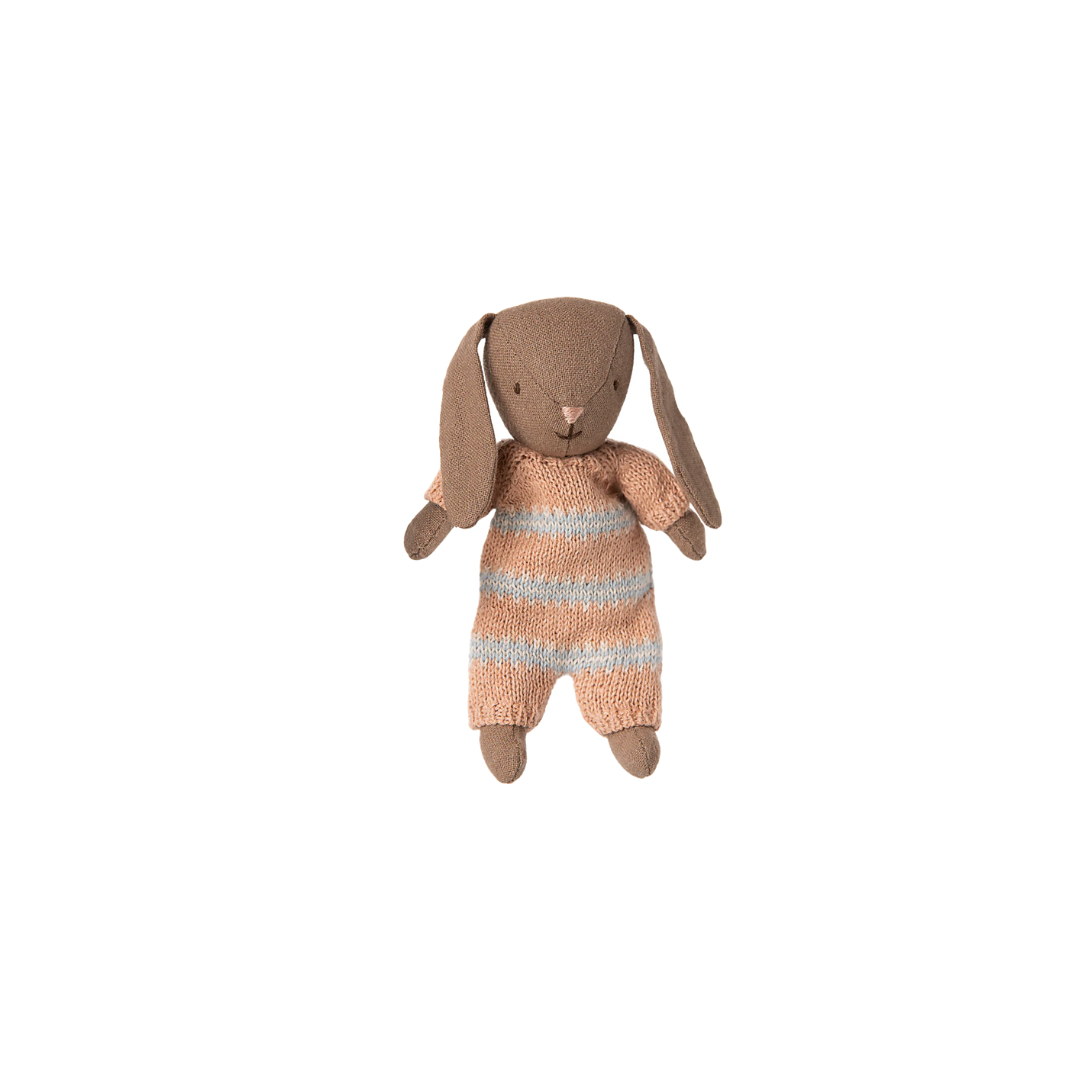 Maileg Rabbit, Micro - Brown - Dusty Rose knitted suit