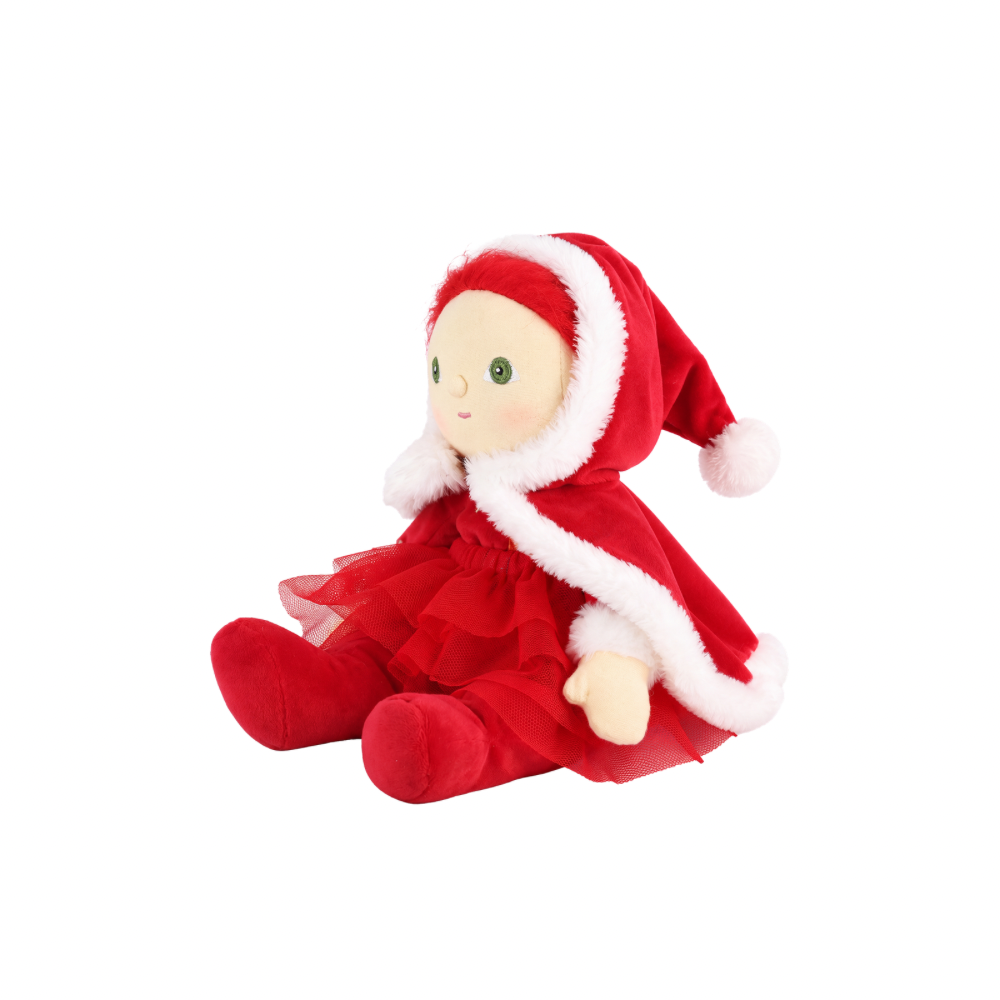 Olli Ella Carol Claus Dinky Dinkum doll showing fully removable red hooded cape for dress up play
