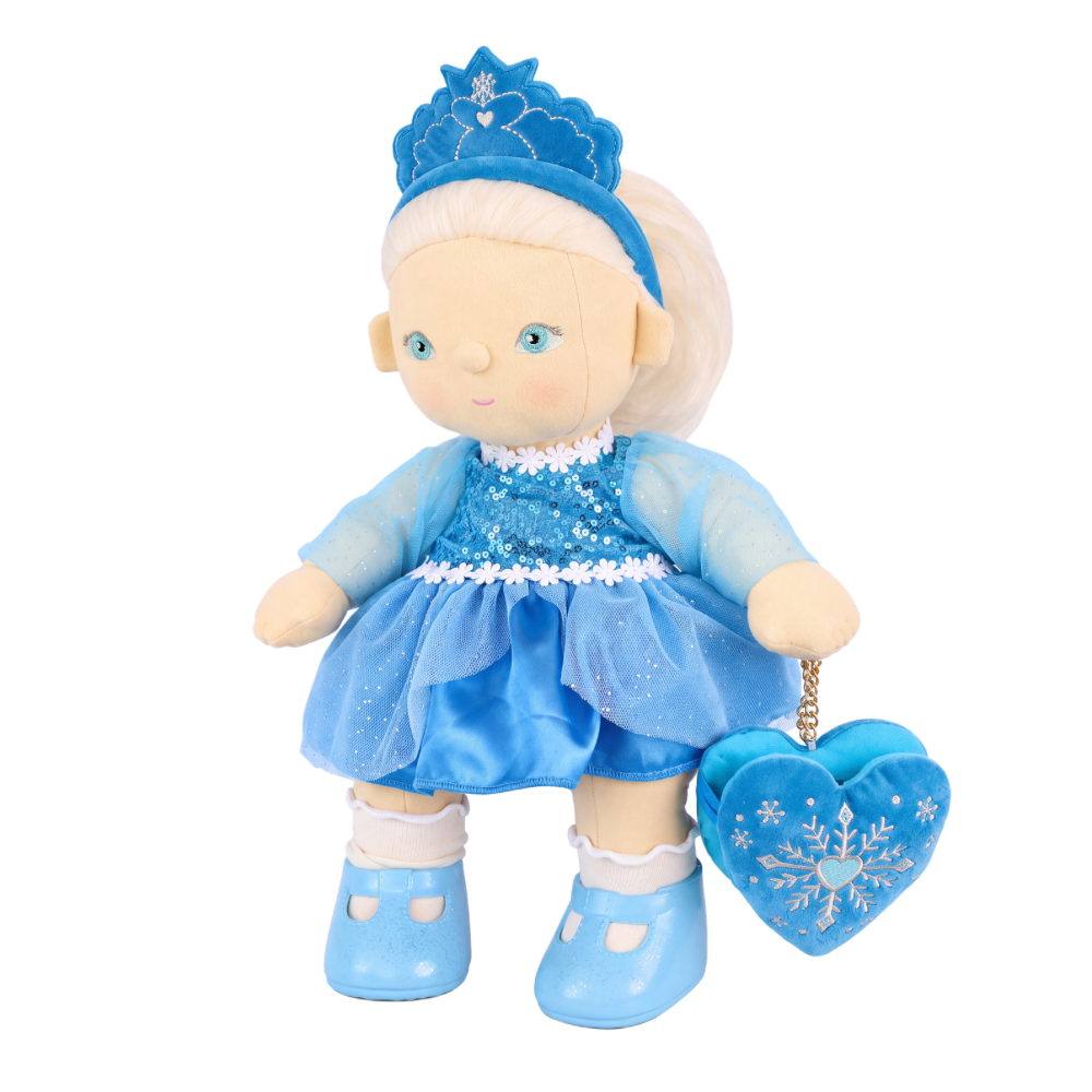 Close up of Olli Ella Dream Dinkum Doll Elsie Ice showing blonde hair, blue eyes and embroidered tiara