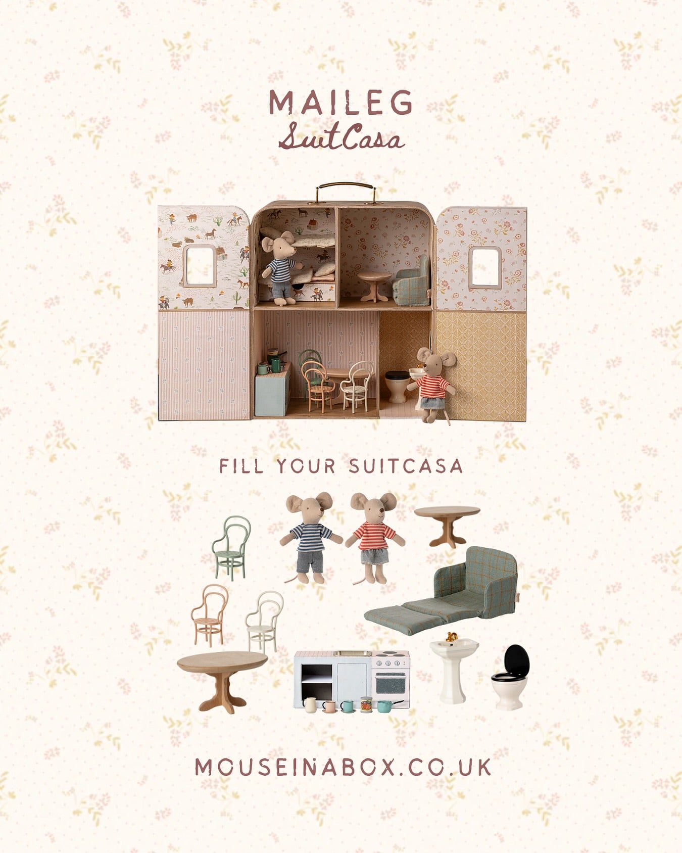 Maileg how to fill your Maileg Suitcasa playset dollhouse, fill your Maileg suitcase dollshouse with Maileg mice and mouse size furniture 