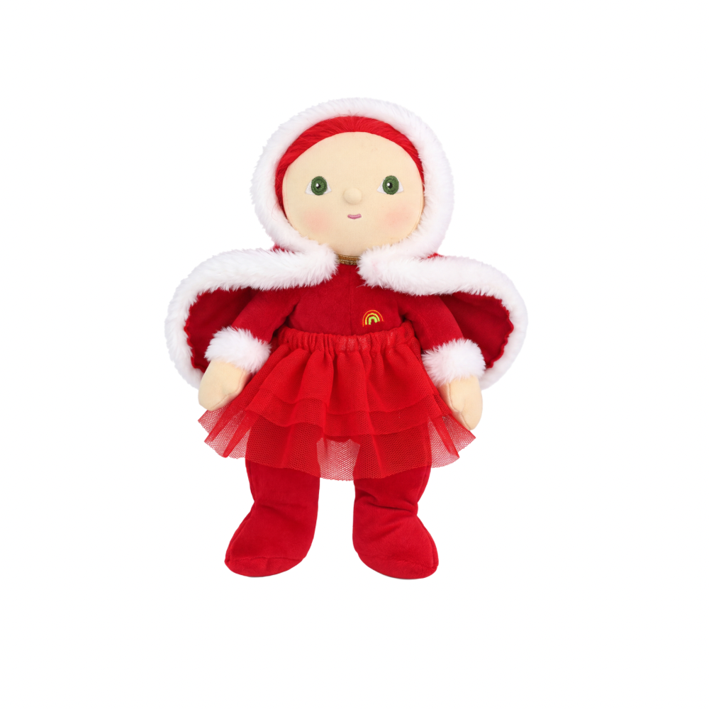 Close up of Olli Ella Dinky Dinkum Carol Claus showing embroidered green eyes and soft plush red hood