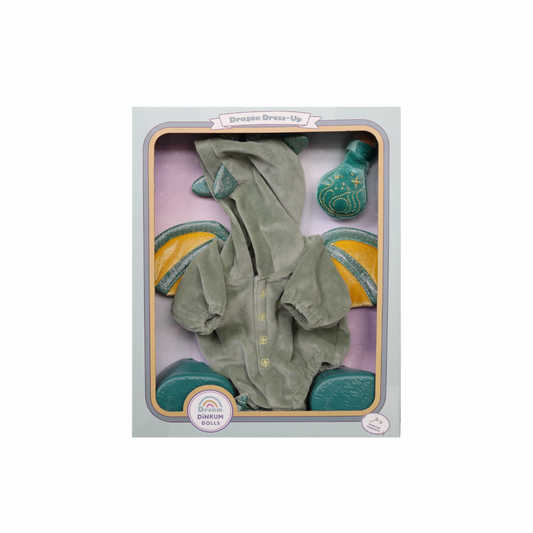 Green baby outfit set with matching shoes in packaging on a white background. Dragon Dress-Up Accessory Set for Dinkum Dolls by Olli Ella – Interactive Toy Clothing Pack