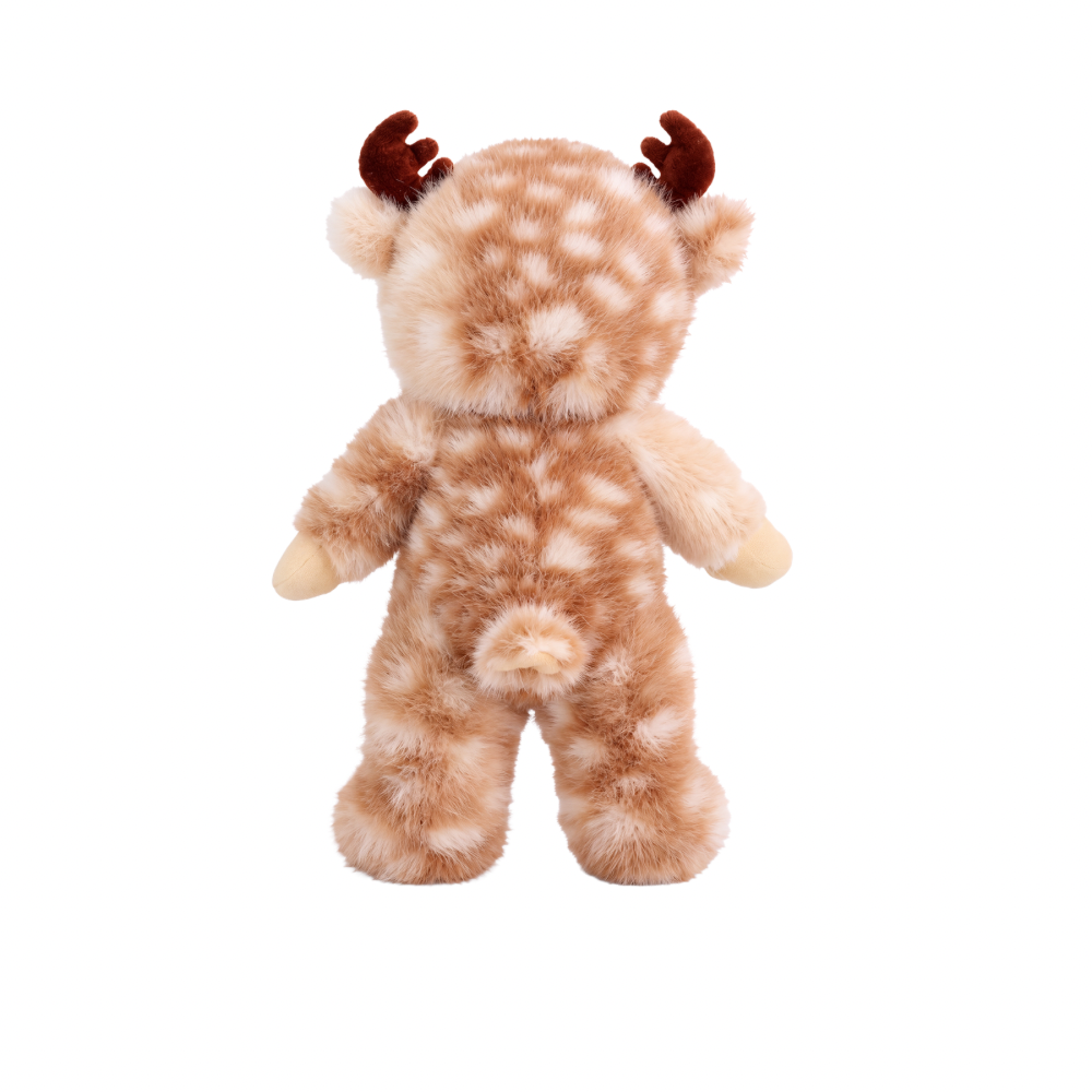 Back of Olli Ella Dinky Dinkum Riley Reindeer standing up in brown plush reindeer suit with soft antlers
