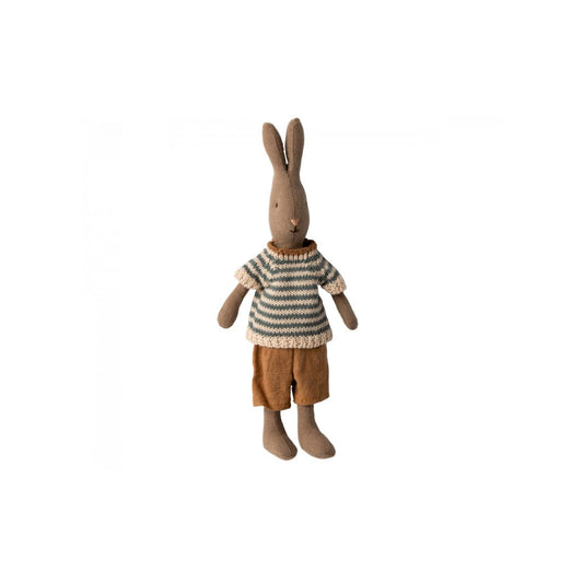 Maileg winter rabbit size 1 wearing striped top and brown shorts