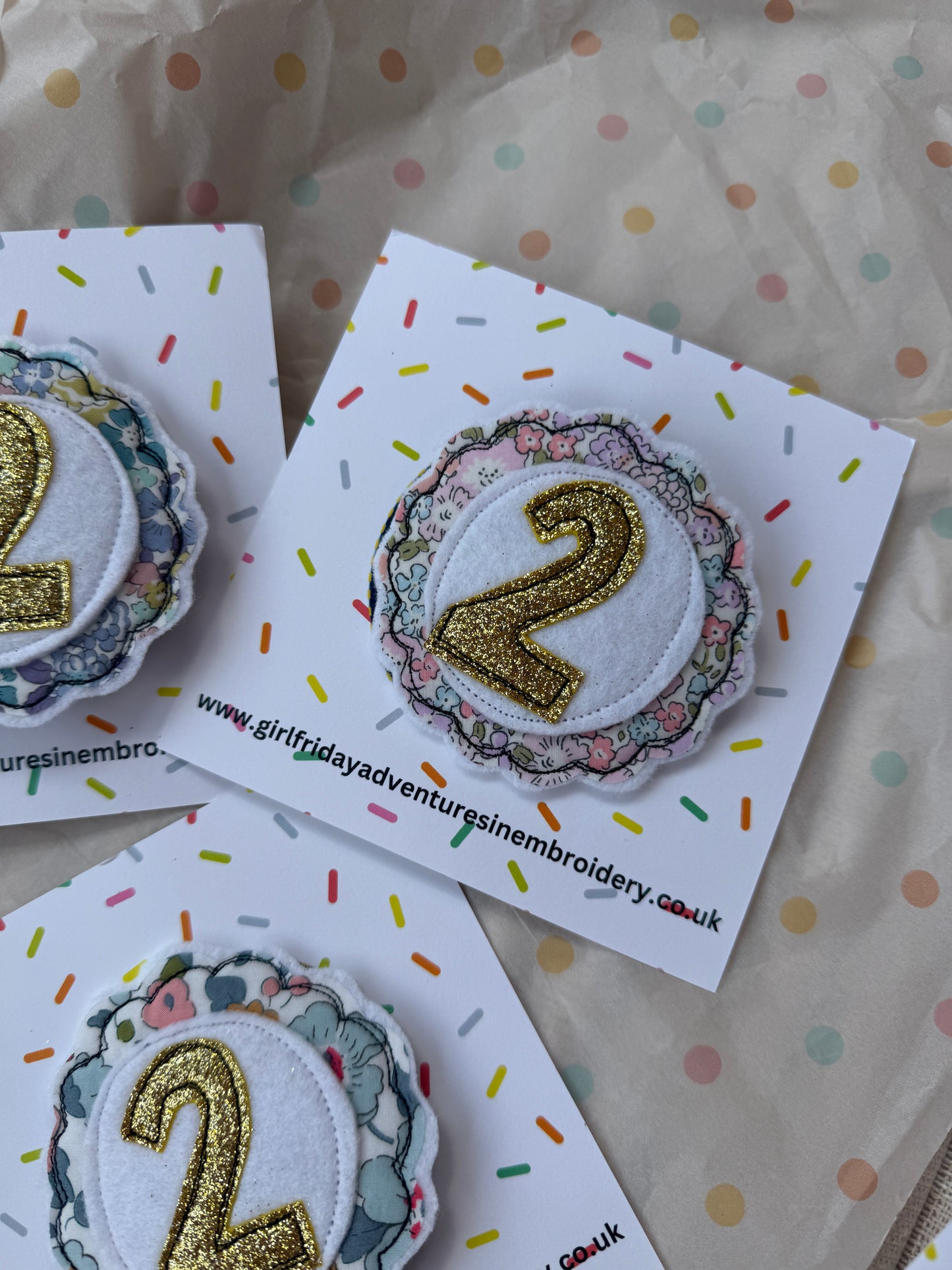 Girl Friday Embroidery Glitter Liberty Print number birthday badge - Age 2