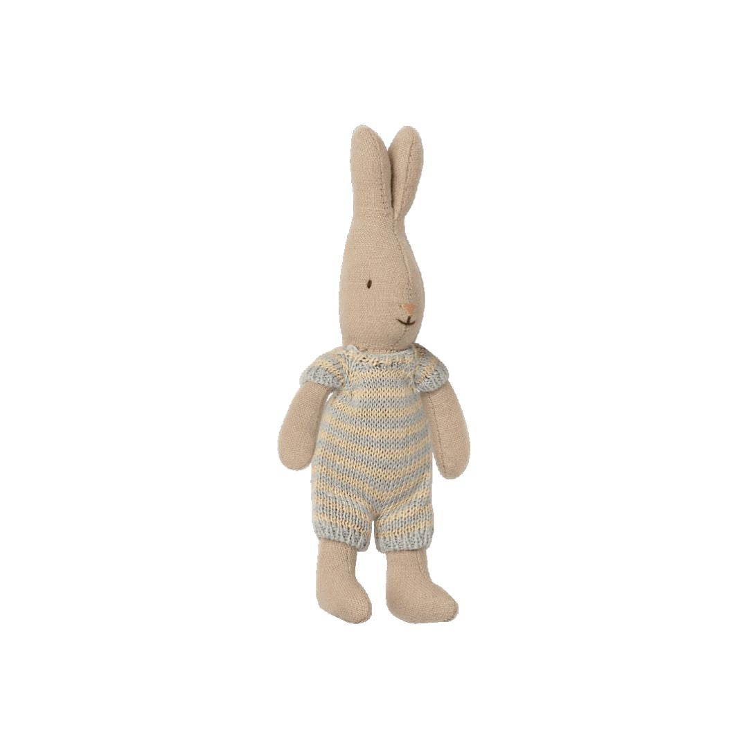 Maileg micro bunny with a light blue stripy outfit
