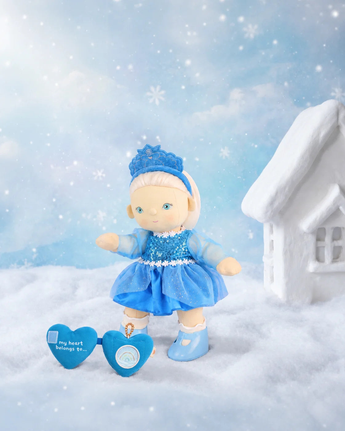 Ready to play Olli Ella Dream Dinkum Doll Elsie Ice princess soft toy for imaginative pretend play, with blue locket keepsake