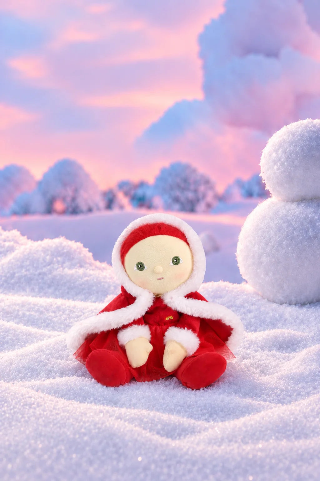 Olli Ella Holiday Hollow Carol Claus Dinky Dinkum mini doll in snowy Christmas scene with festive companions