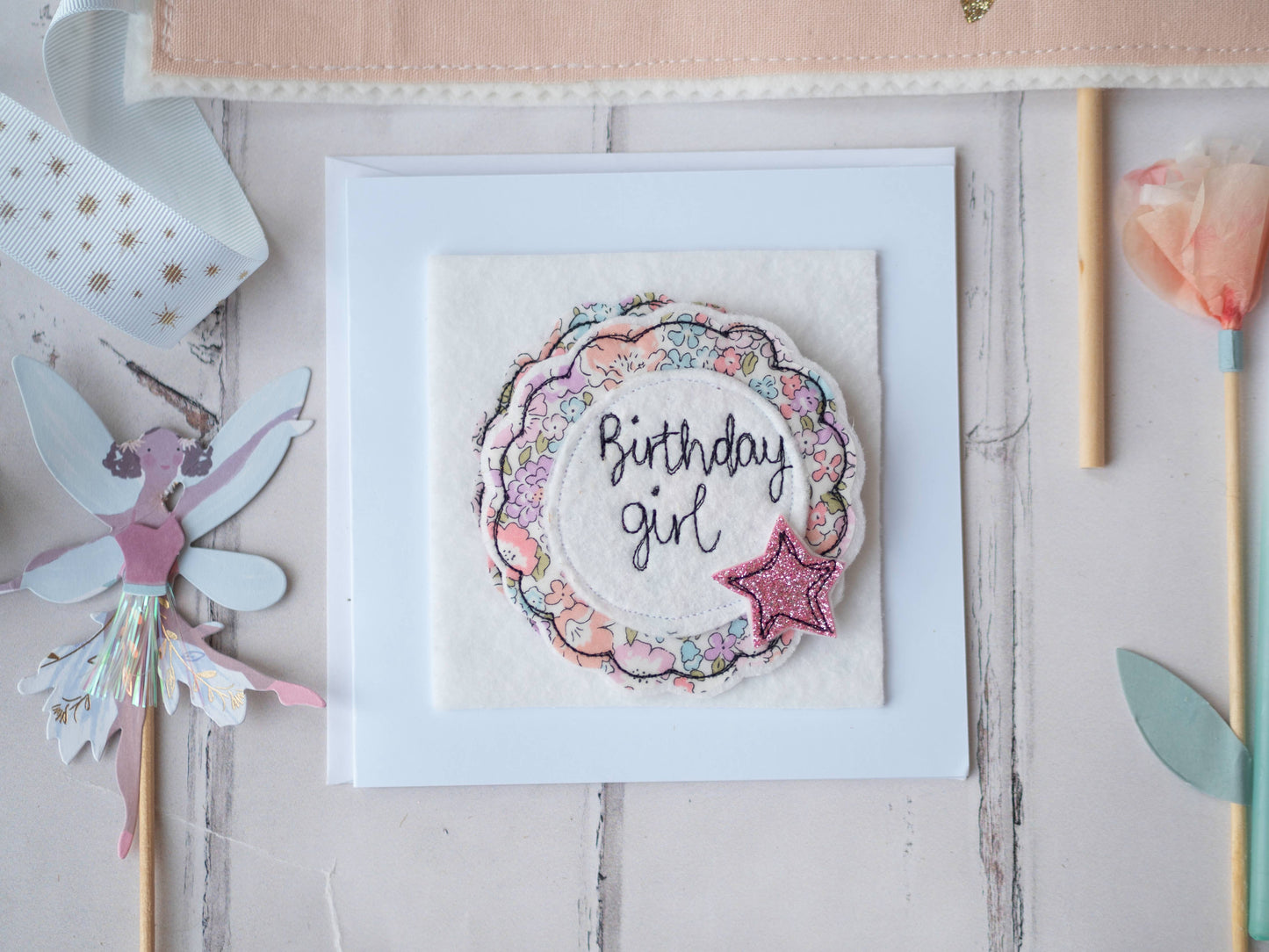 Girl Friday Embroidery Liberty Print Birthday girl badge and card