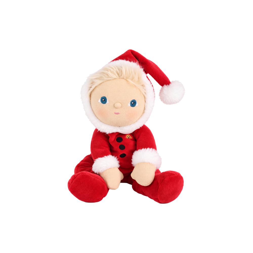 Olli Ella Dinky Dinkum Sammy Santa sitting in red Santa suit with white faux fur trim and cap