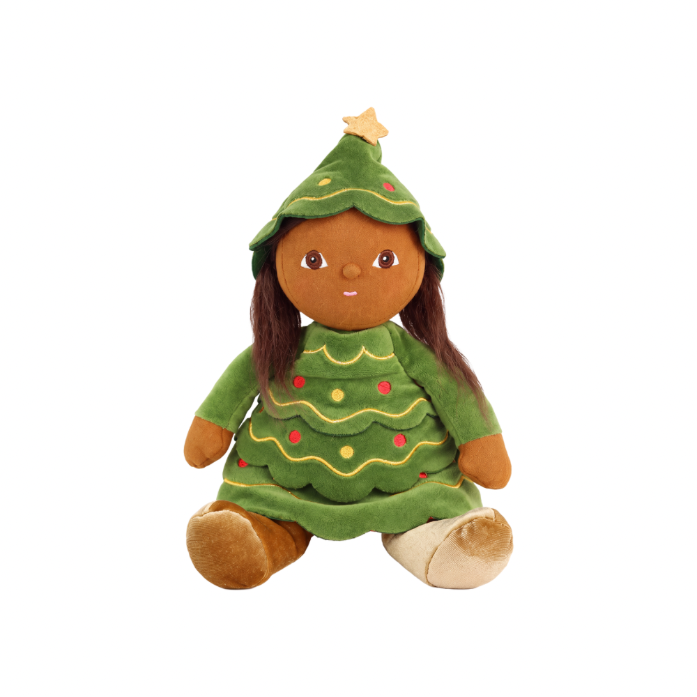 Olli Ella Dinky Dinkum Eden Evergreen sitting in green Christmas tree suit with gold star
