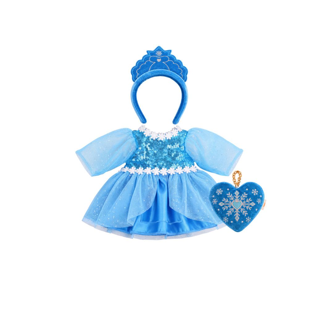 Olli Ella Dinkum Doll Ice Princess Dress-Up Set including blue sequin dress, crown and heart locket