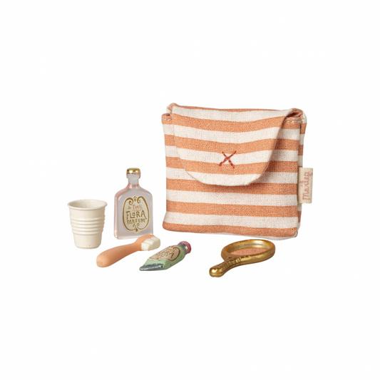 Maileg Toothbrush set in bag, Mouse - Coral stripe