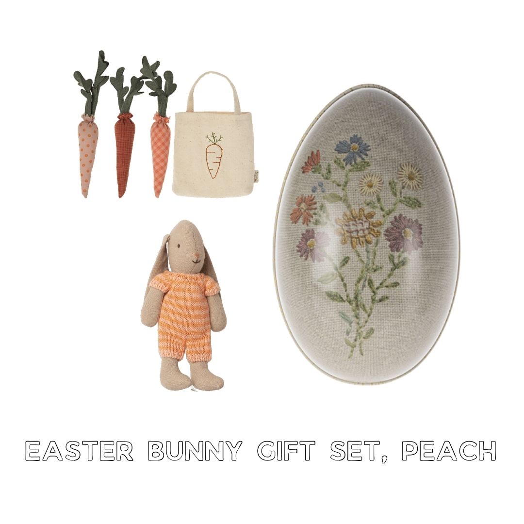 Maileg easter bunny gift set with micro bunny in peach, Maileg egg and Maileg carrots