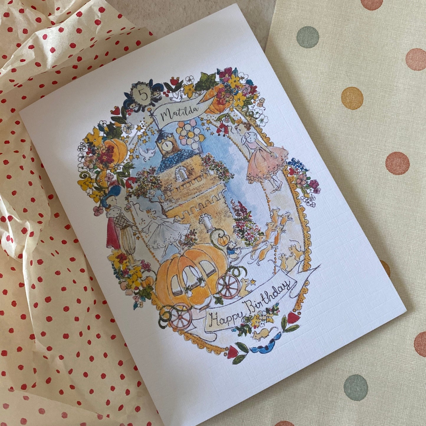 Hand-drawn Cinderella birthday card featuring a princess, prince, castle, and mice. Personalised with child's name and age. With Maileg inspired theme. 