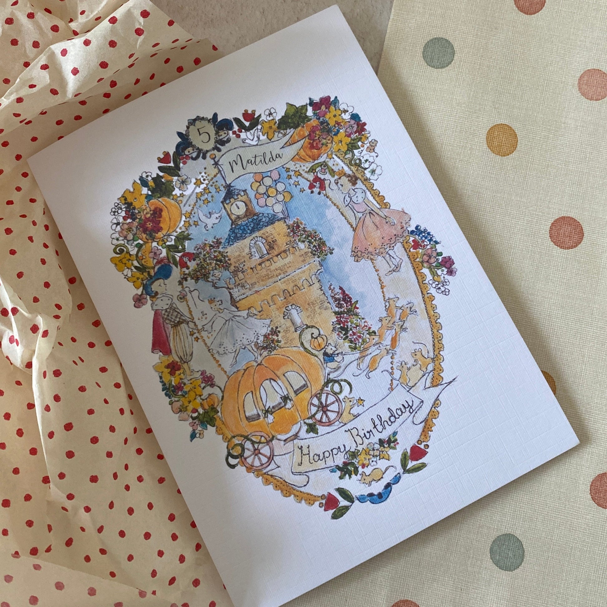Hand-drawn Cinderella birthday card featuring a princess, prince, castle, and mice. Personalised with child's name and age. With Maileg inspired theme. 