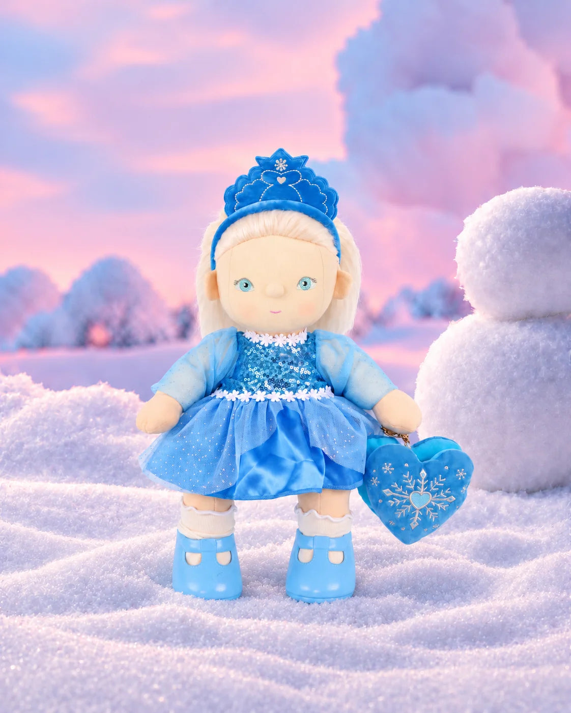 Olli Ella Dream Dinkum Doll Elsie Ice from Holiday Hollow collection wearing blue sequin dress and tiara