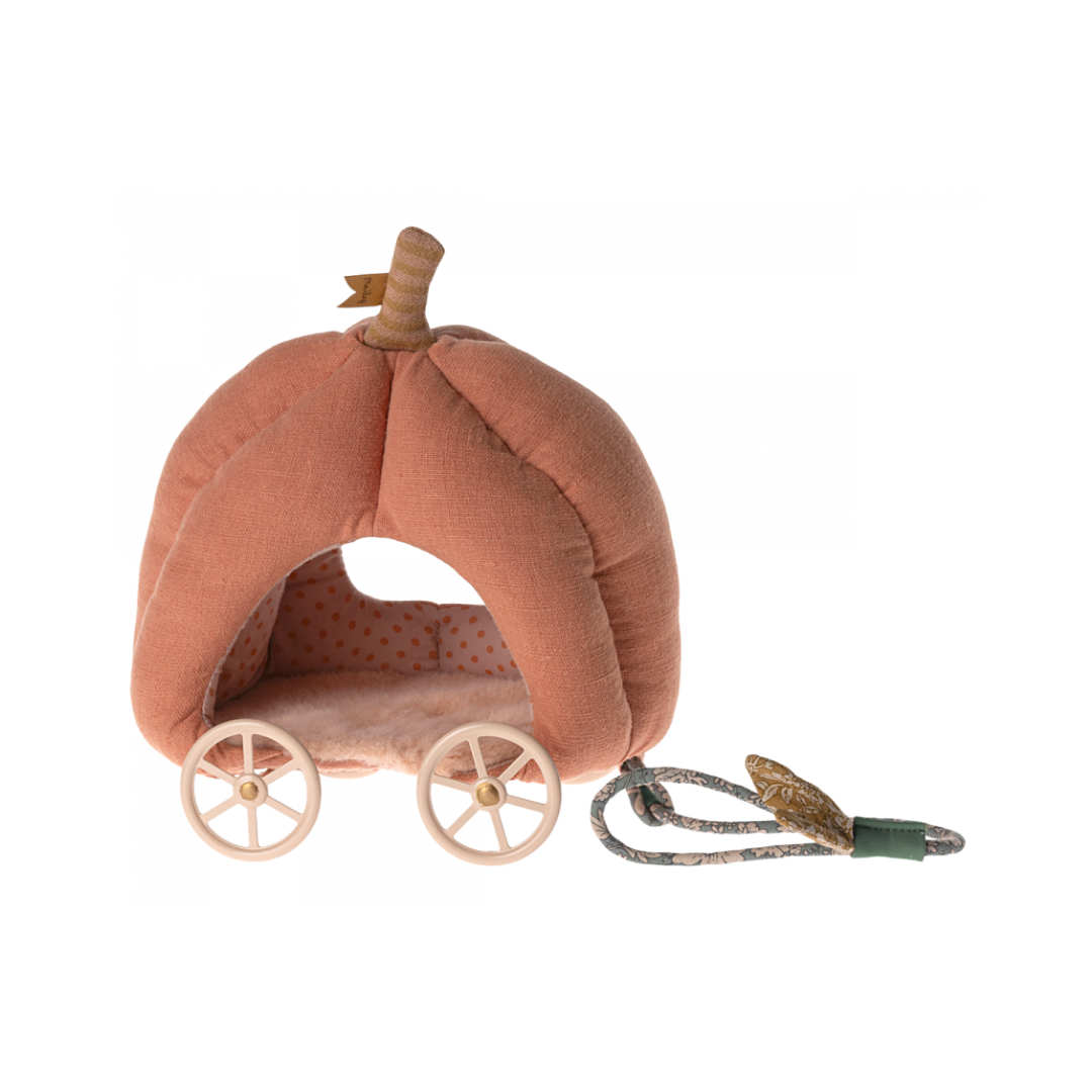 Maileg pumpkin fairytale carriage, orange carriage with pull along cord with floral print for Maileg mice